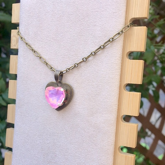Pink Opal Aurora Borealis Crystal Heart Pendant Necklace - Picture 14 of 16